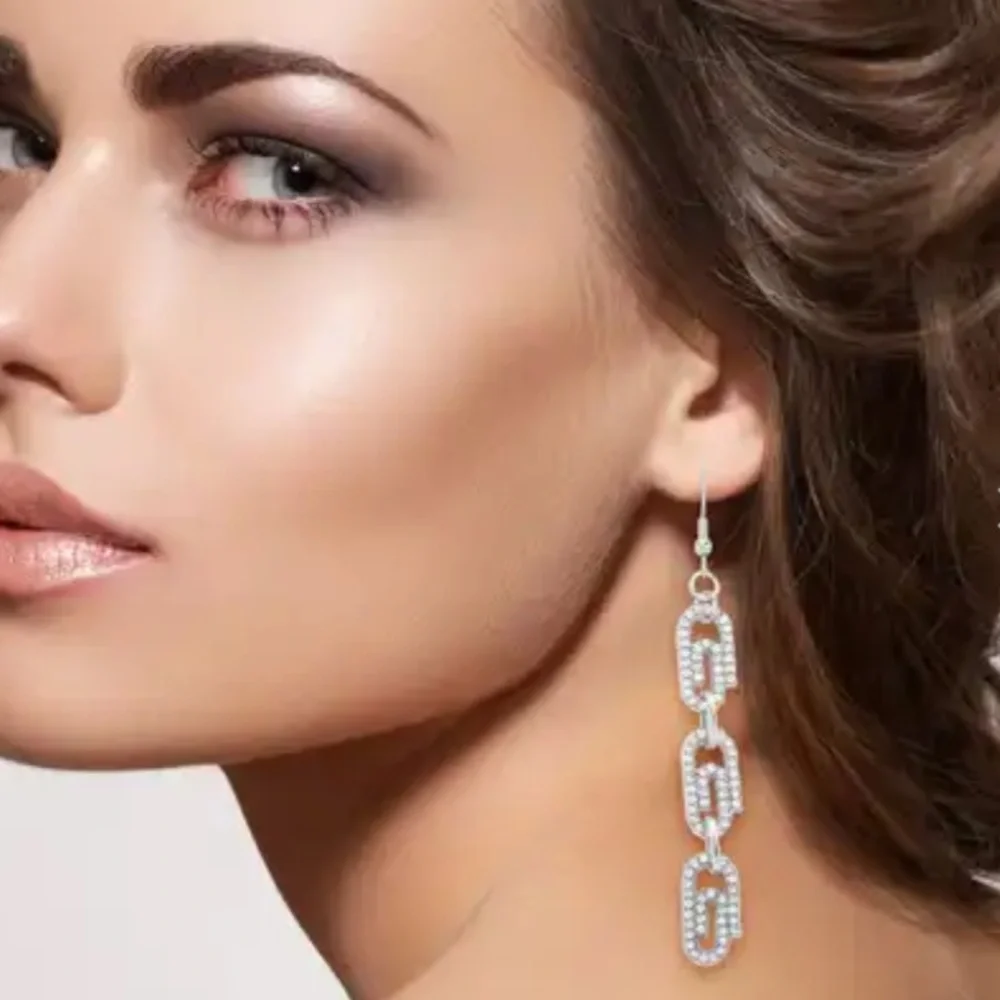 Austrian Crystal Paper Clip Dangle Earrings in Silvertone & Stainless Steel